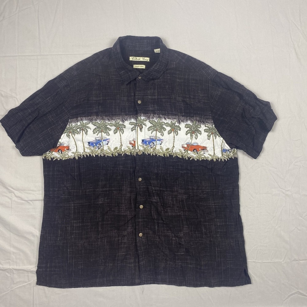Batik Bay Hawaiian Men's Palm Tree Car Print Button-Up Shirt XXL Black Rayon